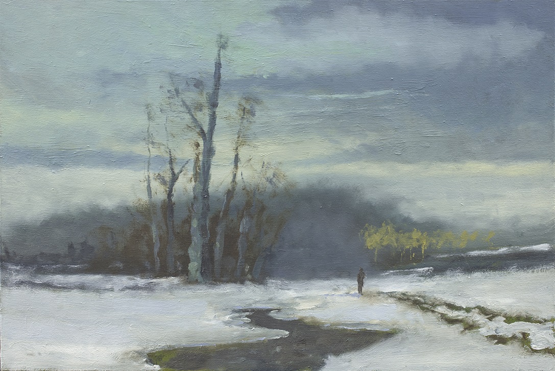 A blue winter scene depicting a 
large open area covered in snow with large dark trees in the and a large sky of blues, greys and bluey greens in the 
background. A small creek flows into the painting from the center foreground alongside a pathway in the snow where 
a lone figure is seen taking a walk. Displayed on the image are several words, three of which are buttons. In the top center 
in large font is the word 'Welcome'. The three buttons are along the bottom of the image and are written in smaller font.
They read from left to right as 'Commissions' 'Prints' and 'Portfolio'.