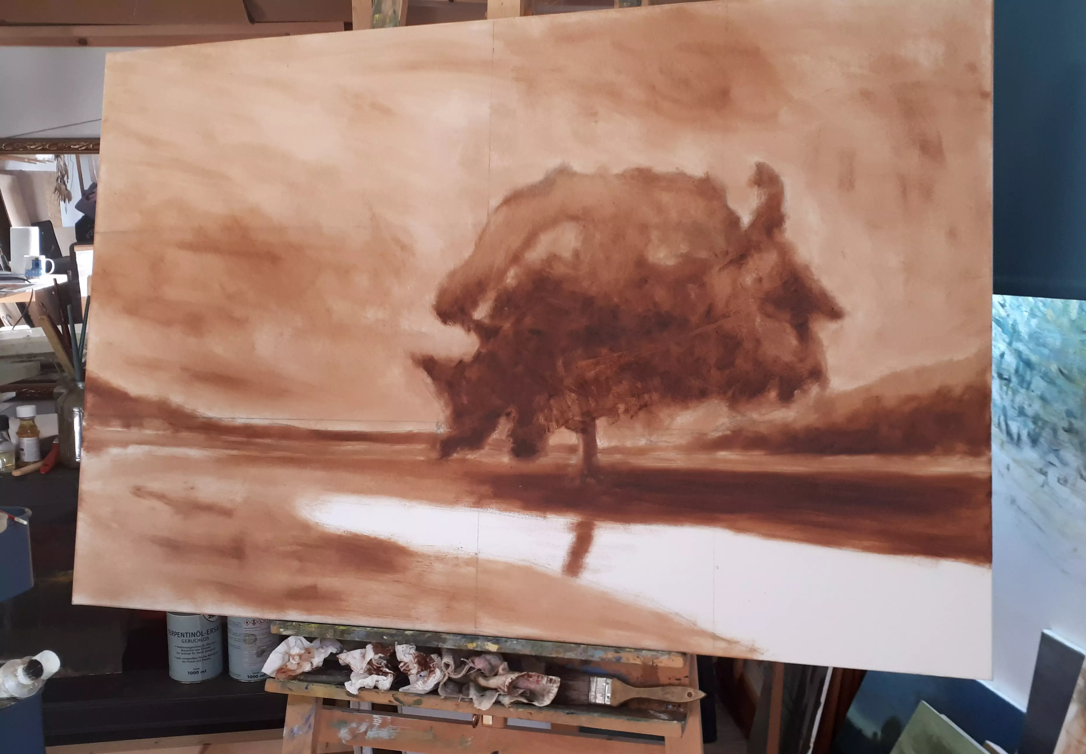 Finally, in the last image on this
page we see the beginning of the painting wherein I have done an underpainting in brown to map in all the painting's
elements, specifically the tree and the position of the water. This is to create a nice distinction between the lights and
darks before moving on to colour. However at this point I left the floodwater mostly bare apart from the reflectin of the
tree trunk.
