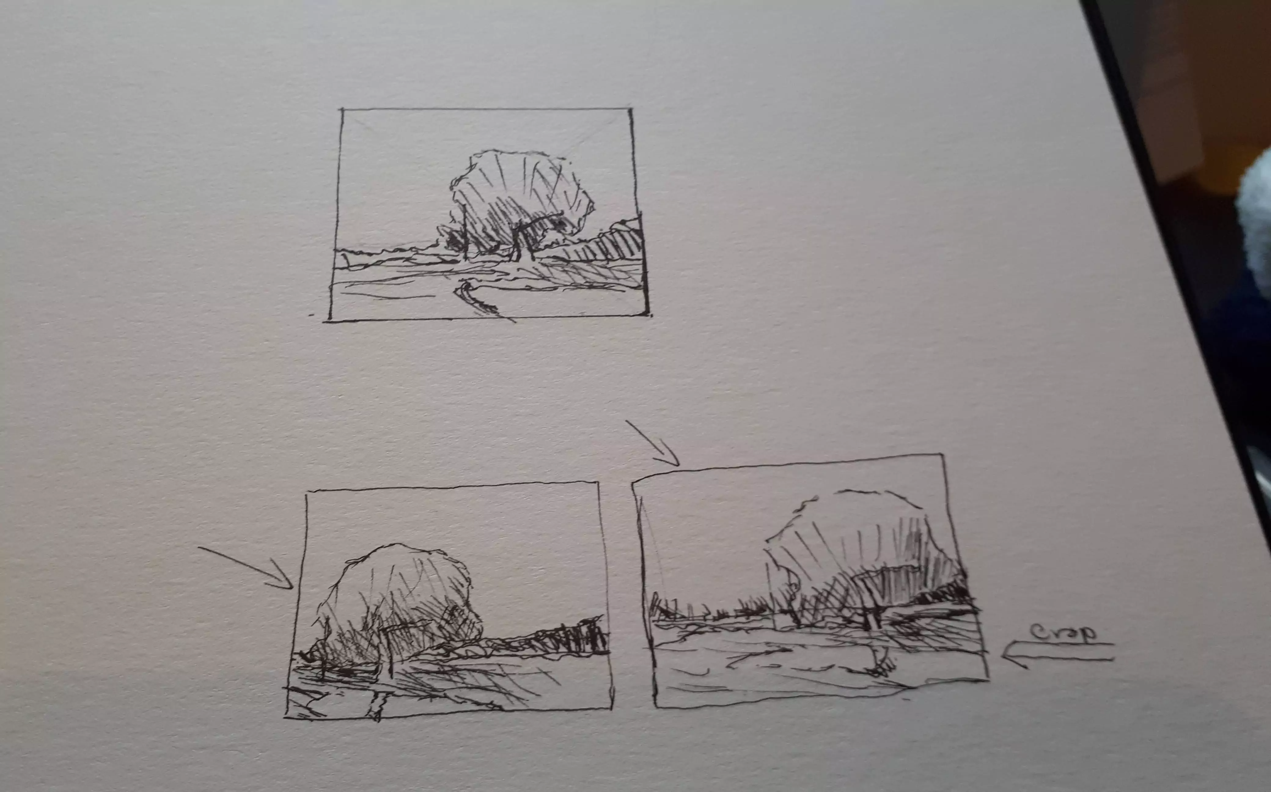 In this image we see three very similar thumbnail sketches in pen, which 
depict three possible composition ideas 
for the above painting. There is one above, centered and two below it. In the above sketch and the lower right one, 
the floodwater is placed more to the right of the image, as with the final piece. However in the lower left, the floodwater 
is placed more to the left. These sketches are very basic and use simple line work to show the shape of the painting's 
elements and some hatching to depict where the light and dark might be. From left to right he bottom two images each have an 
arrow next to or above them respectively, which shows intended light direction.
