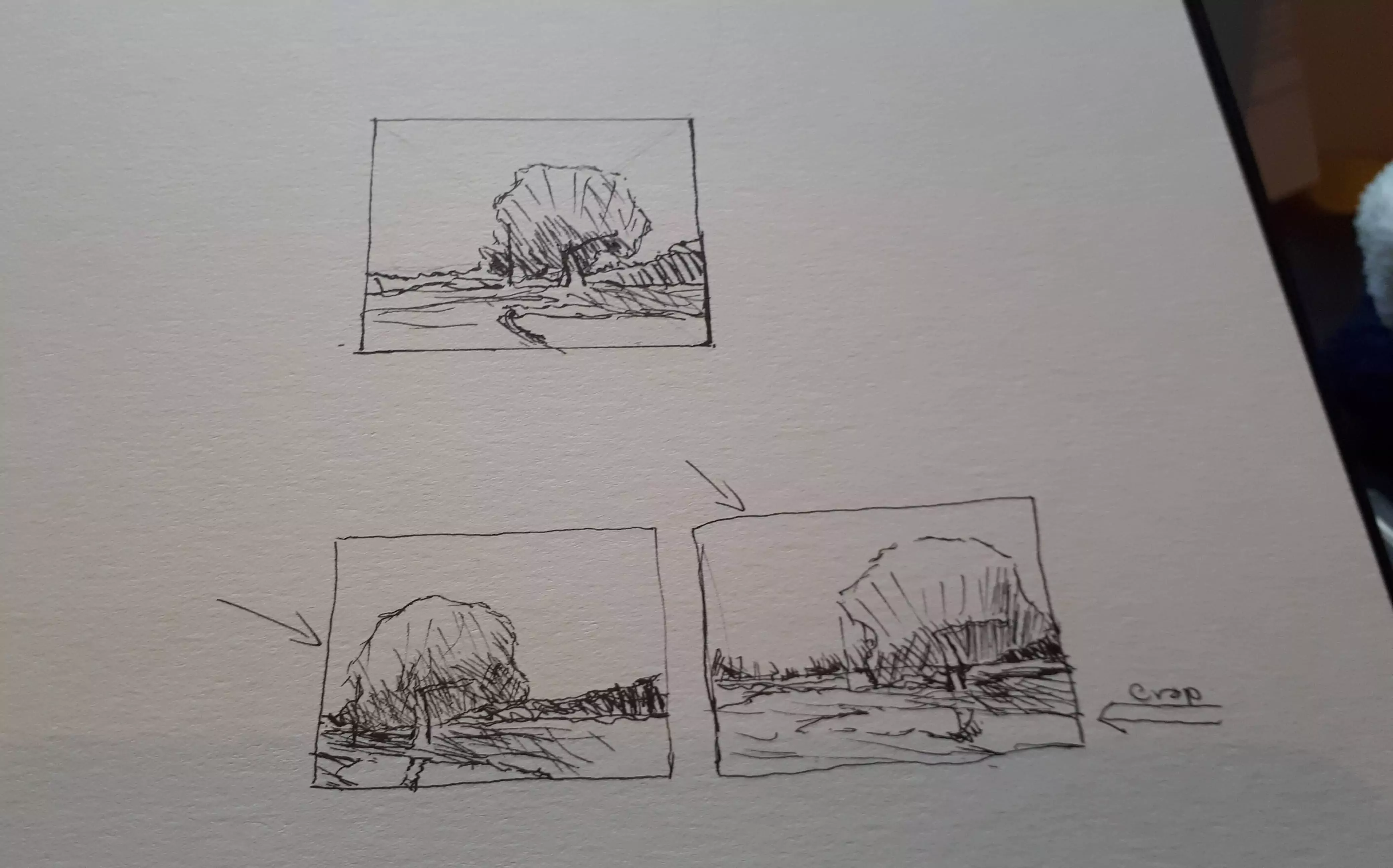 In this image we see three very similar thumbnail sketches in pen, which
depict three possible composition ideas
for the above painting. There is one above, centered and two below it. In the above sketch and the lower right one,
the floodwater is placed more to the right of the image, as with the final piece. However in the lower left, the floodwater
is placed more to the left. These sketches are very basic and use simple line work to show the shape of the painting's
elements and some hatching to depict where the light and dark might be. From left to right he bottom two images each have an
arrow next to or above them respectively, which shows intended light direction.